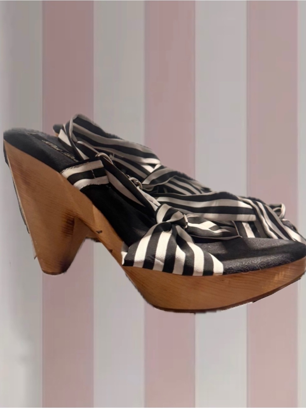 Y2K Black&white ribbon lace up wooden heels